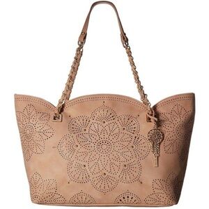 Jessica Simpson Pink Laser-Cut Floral Tote with Gold Chain Straps